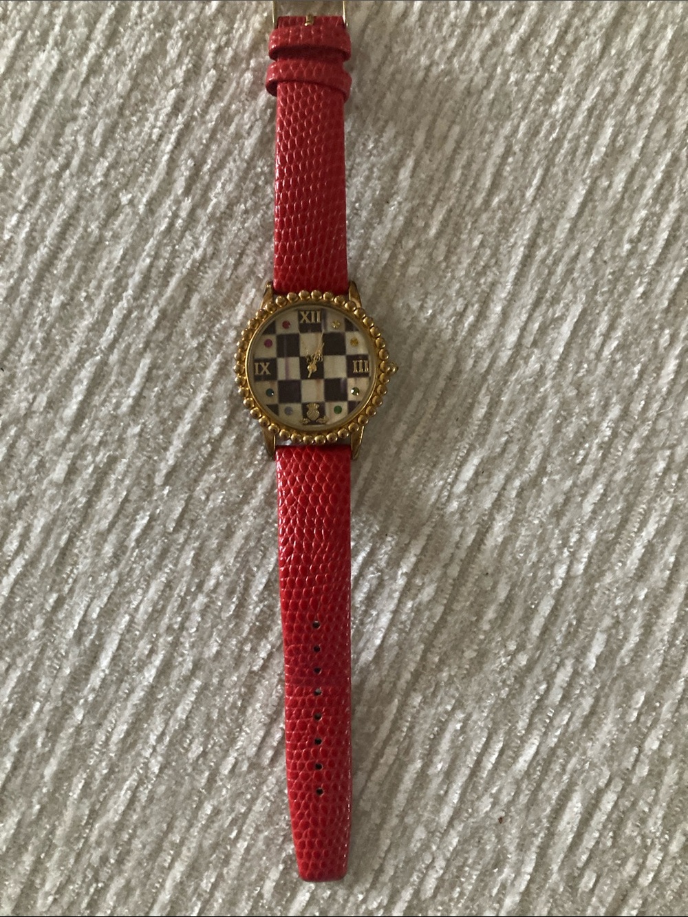 Mackenzie Childs Women's Red Leather-Strap Watch in classic courtly check